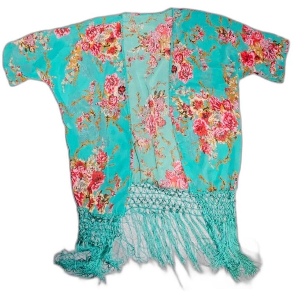 Bebe Women’s Turquoise Floral Fringe Kimono Cardigan Boho Festival Topper